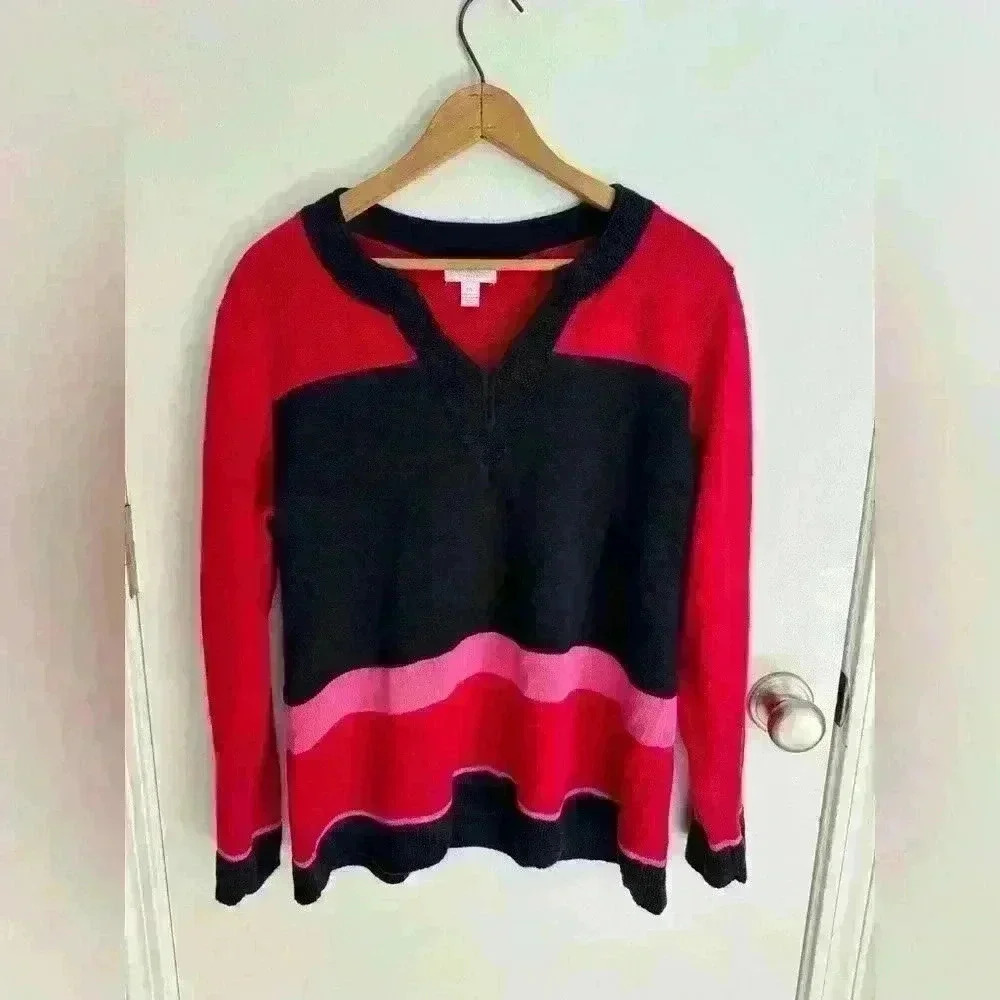 Charter Club Knitted Sweater Red, Blue and Pink, V-Neck Cotton Blend, Size P/L